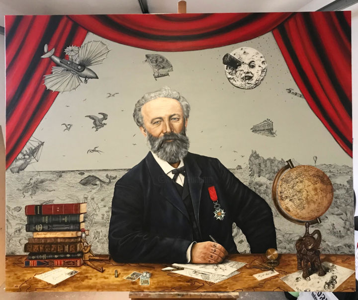 Painting titled "Jules Verne" by Catt Landa, Original Artwork, Oil