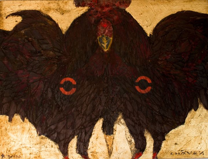 Malerei mit dem Titel "Rooster's mask" von Cawamo, Original-Kunstwerk, Öl