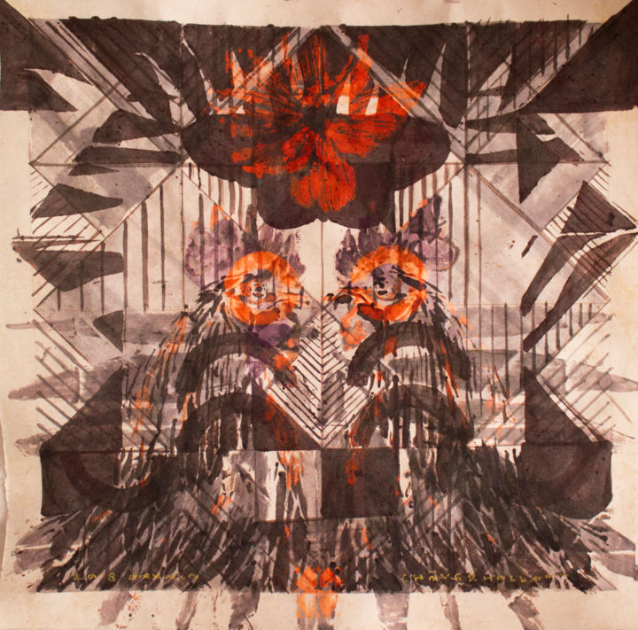 Dessin intitulée "Rooster mask" par Cawamo, Œuvre d'art originale, Encre