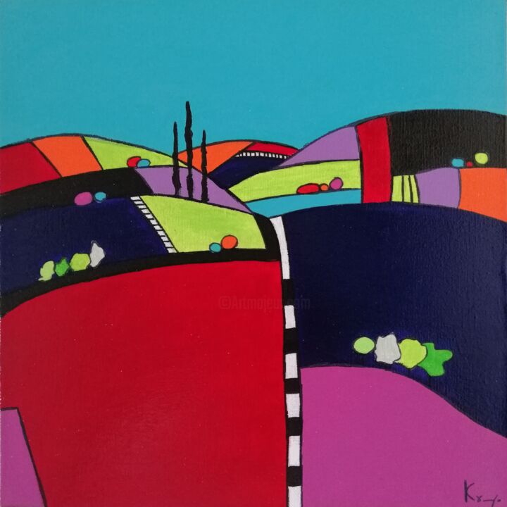 Painting titled "Collines" by Carole Carpier, Original Artwork, Acrylic Mounted on Wood Stretcher frame