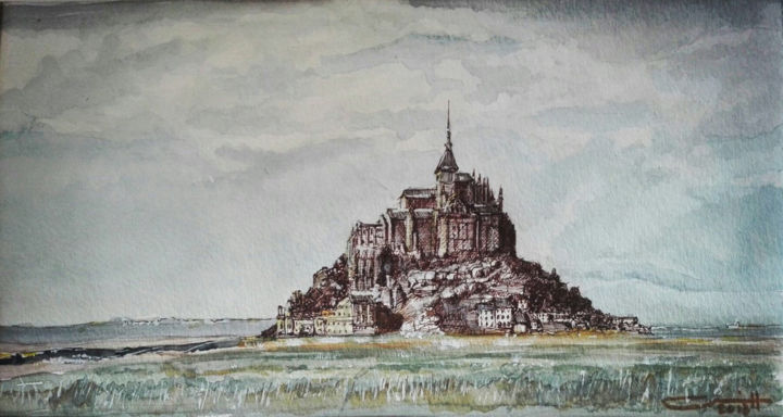 Painting titled "Mont Sant Michel.jpg" by César Cubillas Ochoa, Original Artwork, Watercolor