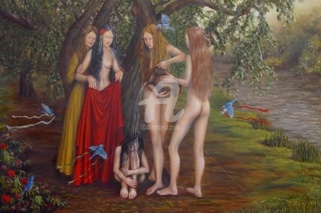 Pintura intitulada "À l'ombre d'un chêne" por Christiane Doré, Obras de arte originais, Óleo