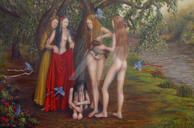 Peinture intitulée "À l'ombre d'un chêne" par Christiane Doré, Œuvre d'art originale, Huile
