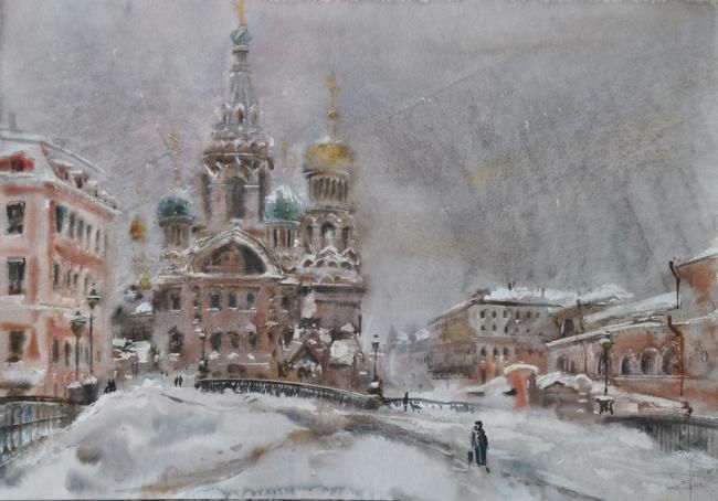 Painting titled "Снежный день" by Viacheslav Epifanov, Original Artwork, Oil