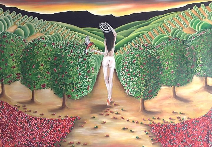 Painting titled "Mujer del Cafetal" by Carlos Duque, Original Artwork, Oil