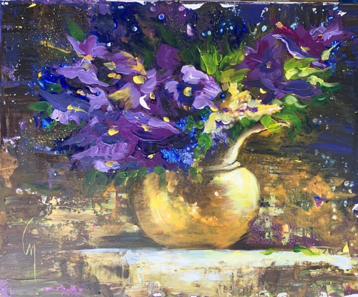 Peinture intitulée "Les fleurs violettes" par Cécile Bour, Œuvre d'art originale, Acrylique