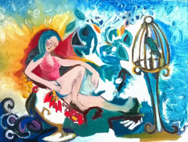 Картина под названием "Cage dorée" - Cécile Coutant, Подлинное произведение искусства, Масло