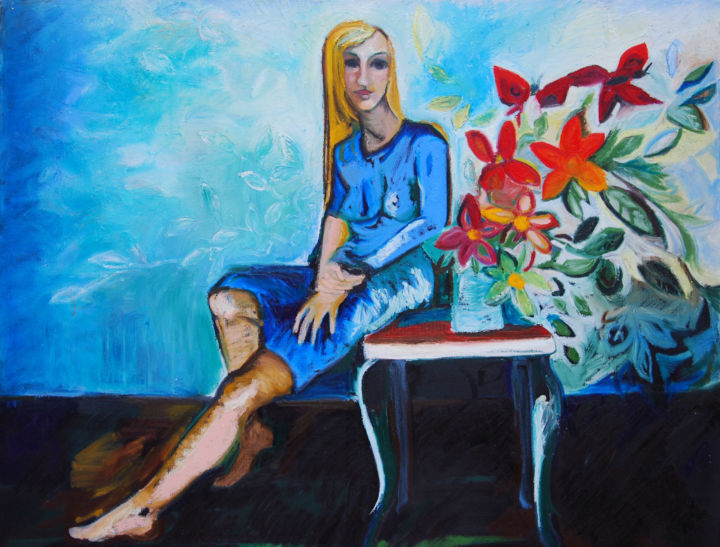 Pittura intitolato "La fille en bleu" da Cécile Coutant, Opera d'arte originale, Olio