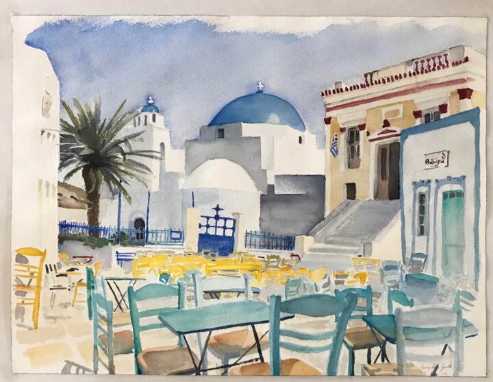 Painting titled "Place du village -…" by Cécile Guth, Original Artwork, Watercolor Mounted on Cardboard