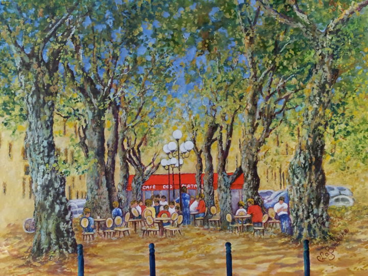 Pintura titulada "Le Café des Platanes" por Cécile Labossière, Obra de arte original, Oleo