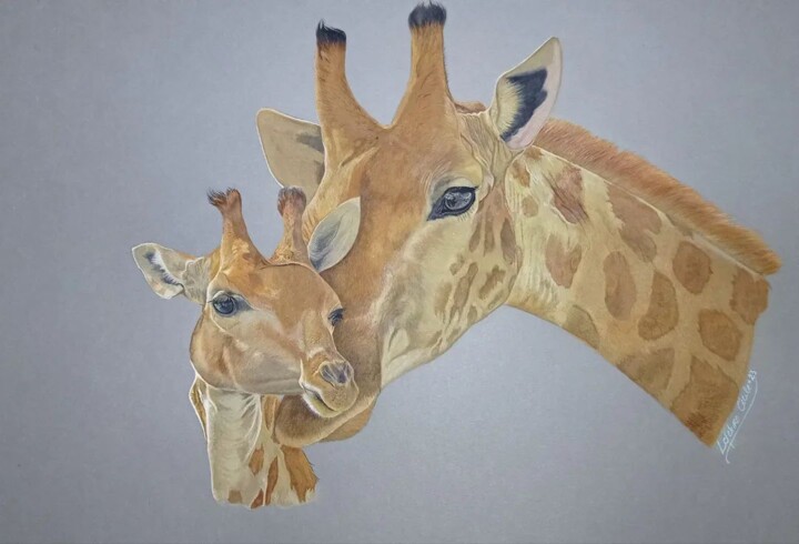 Schilderij getiteld "Girafe et girafon" door Cécile Lefebvre (Cey's Art), Origineel Kunstwerk, Aquarel