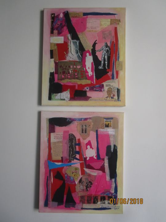 Collages intitulée "Collages sur toile…" par Cécile Pleignet-Bang Alias "Cicil Blini", Œuvre d'art originale