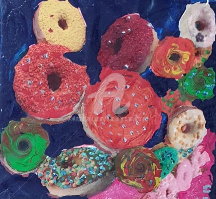 Collages titled "Donuts Blue" by Cecile Gonne Victoria, Original Artwork, Collages