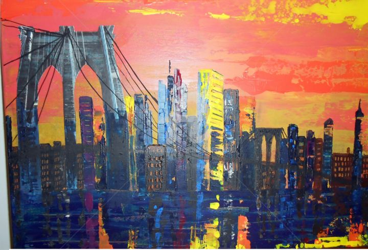 Painting titled "Brooklyn Bridge by…" by Cecile Gonne Victoria, Original Artwork, Acrylic