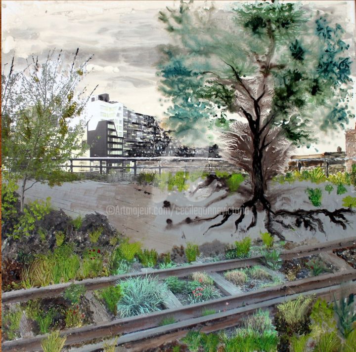 Malarstwo zatytułowany „High Line NY Nature…” autorstwa Cecile Gonne Victoria, Oryginalna praca, Akryl