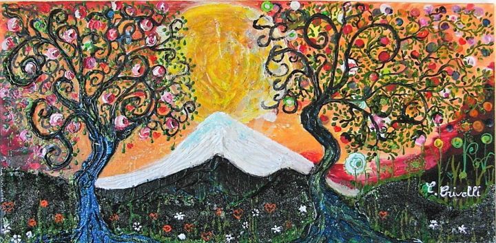 Peinture intitulée "80/40 arbres-en-fle…" par Cécilia Crivelli, Œuvre d'art originale
