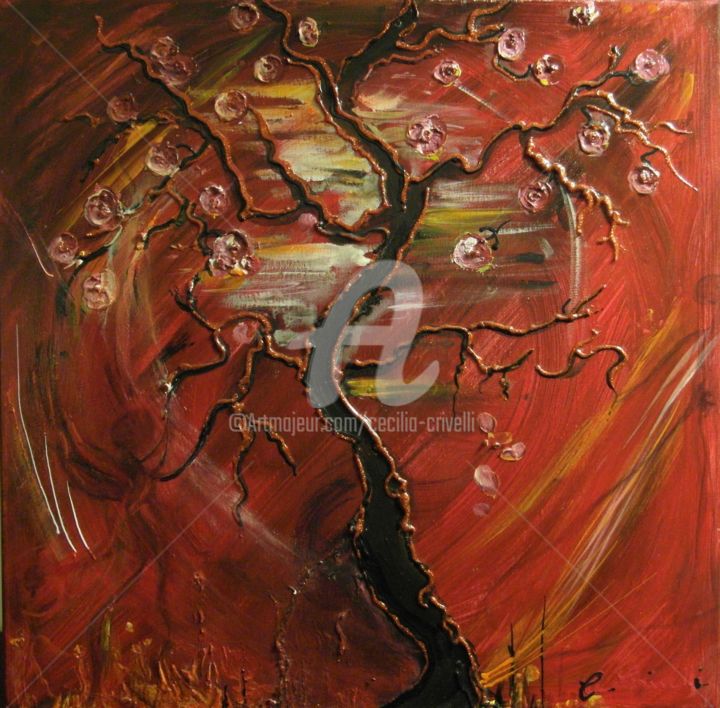 Painting titled "40/40 arbre-noir-fl…" by Cécilia Crivelli, Original Artwork, Acrylic