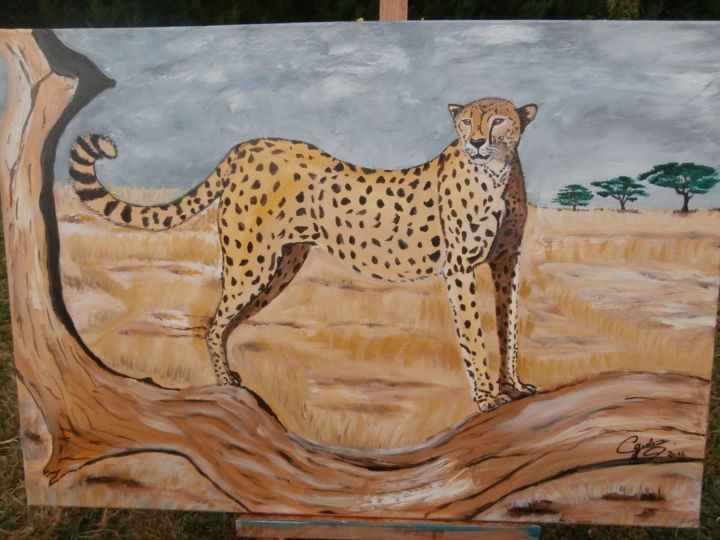 Painting titled "le guepard sur une…" by Cécilia Godeneche, Original Artwork, Oil
