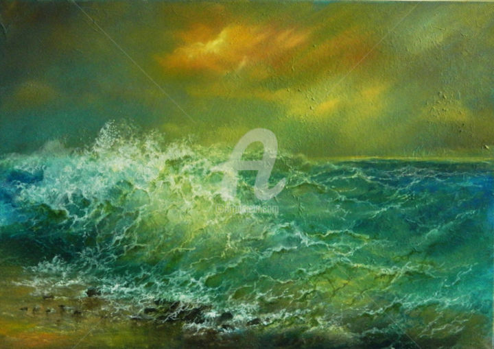 Painting titled "wave-at-sunset.jpg" by Cecilia Melinescu, Original Artwork, Oil