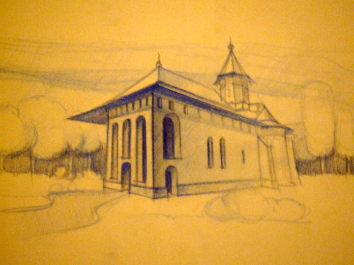 Disegno intitolato "Eglise  Roumanie. C…" da Cecilia Teodoru, Opera d'arte originale