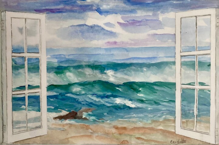 Pintura intitulada "Janela para o mar" por Cecília Vilas Boas, Obras de arte originais, Aquarela