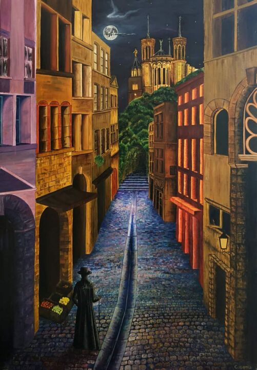 Painting titled "Mon Vieux Lyon" by Cédric Gatto, Original Artwork, Oil Mounted on Wood Stretcher frame