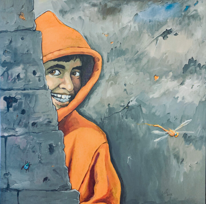 Painting titled "Joie Orange" by Cédric Pavot (Luis), Original Artwork, Acrylic Mounted on Wood Stretcher frame