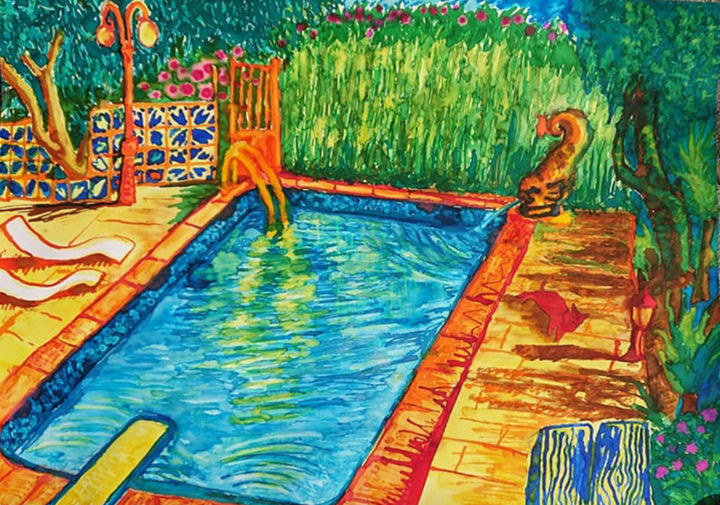 Painting titled "The pool 70" by Cedric Villedieu, Original Artwork, Ink