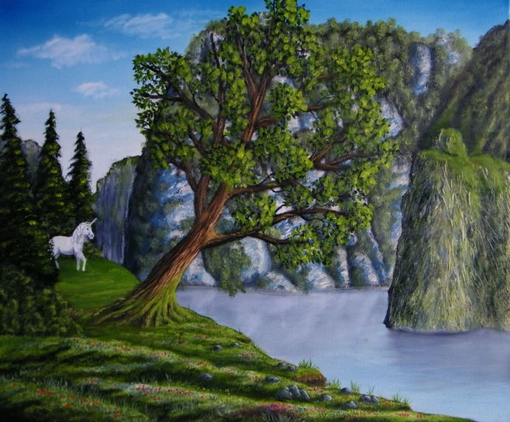 Painting titled "La licorne" by Cédricb, Original Artwork, Oil