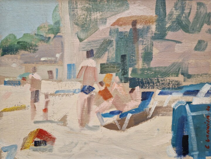 Painting titled "La plage" by Cedrick Vannier, Original Artwork, Oil Mounted on Wood Stretcher frame