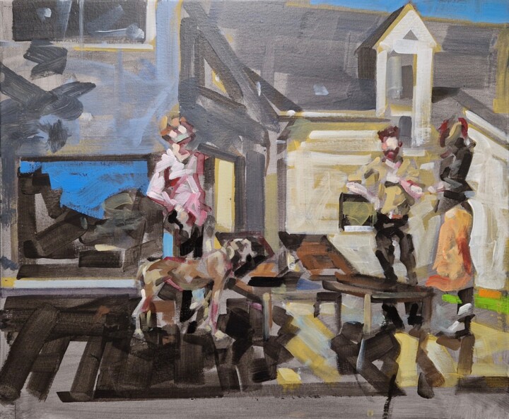 Pittura intitolato "3 figures, un chien" da Cedrick Vannier, Opera d'arte originale, Acrilico Montato su Telaio per barella…
