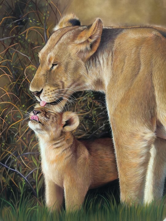 Painting titled "Maman Lionne" by Célia Dunzer, Original Artwork, Pastel