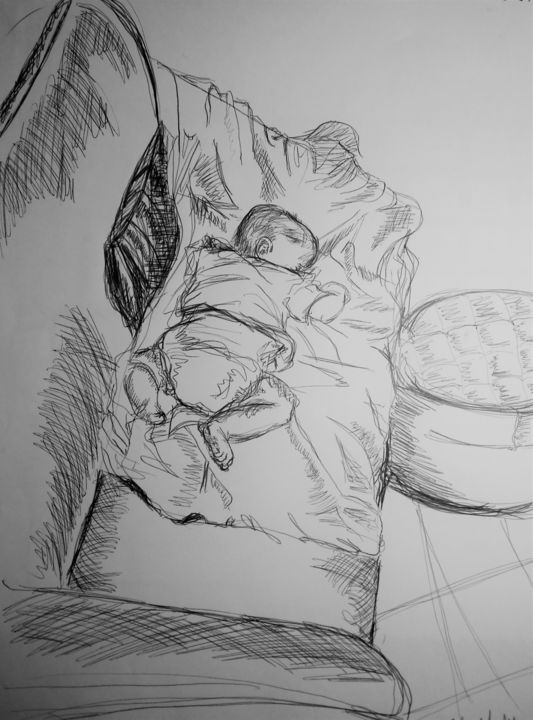 Dessin intitulée "Bébé a dormir" par Célia Senda, Œuvre d'art originale, Stylo à bille