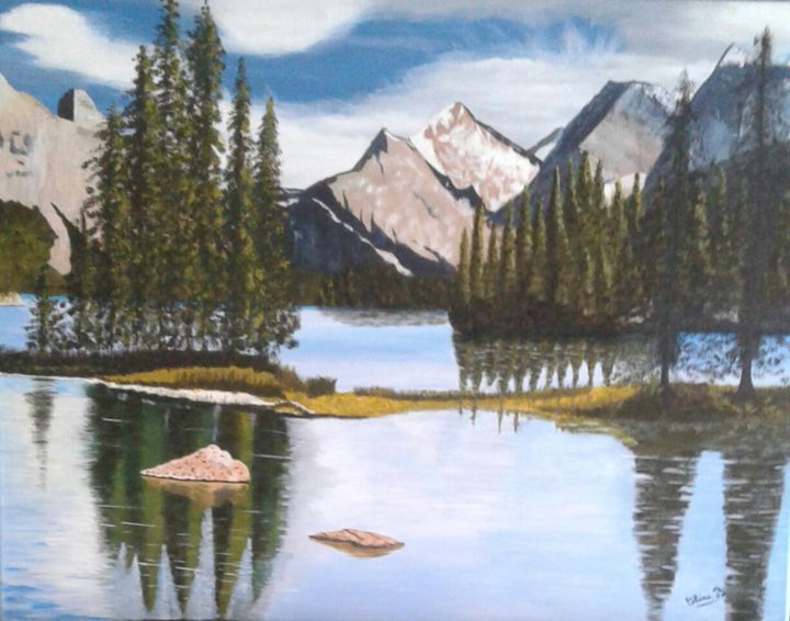 Painting titled "Lac" by Céline Barbe, Original Artwork, Acrylic Mounted on Wood Stretcher frame