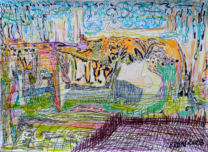 Painting titled "Campagne en été" by Céline Bron, Original Artwork, Marker