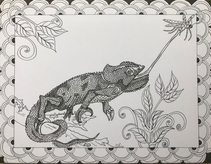 Dessin intitulée "Caméléon" par Celine Conti, Œuvre d'art originale, Encre