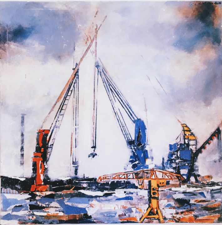 Collages intitolato "Les grues de l’ île…" da Les Toiles De Céline, Opera d'arte originale, Acrilico