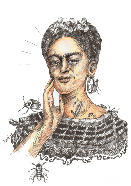 Drawing titled "Frida" by Céline Mahe, Original Artwork