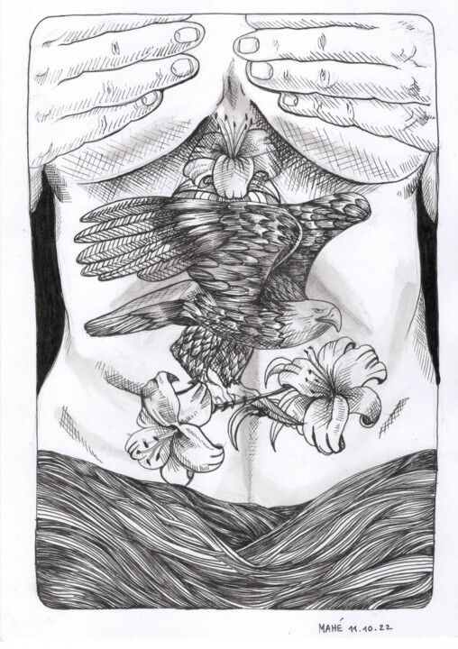 Drawing titled "Aigle" by Céline Mahe, Original Artwork, Ink