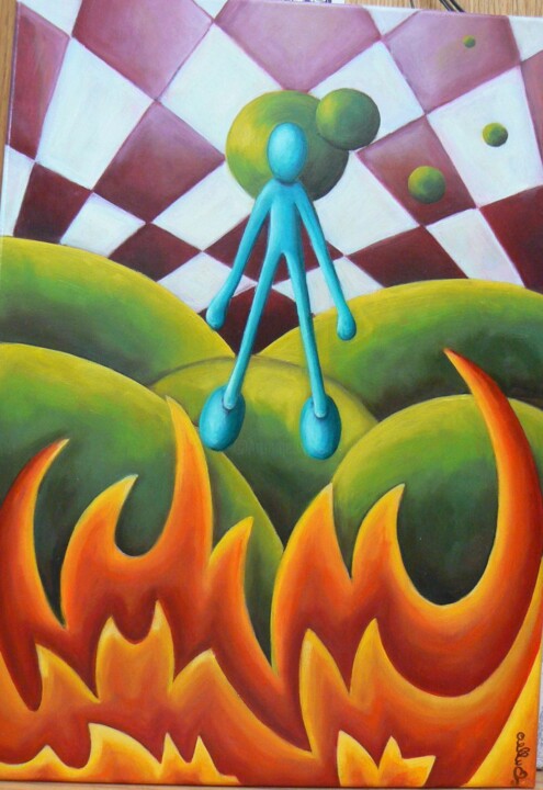 Painting titled "Les flammes" by Celine Puech Bounoure (Bulle), Original Artwork, Oil Mounted on Wood Stretcher frame