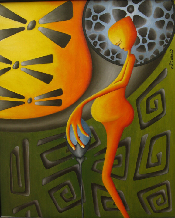 Painting titled "Gestation" by Celine Puech Bounoure (Bulle), Original Artwork, Oil Mounted on Wood Stretcher frame