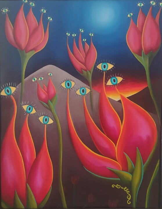 Painting titled "Les tulipes" by Celine Puech Bounoure (Bulle), Original Artwork, Oil Mounted on Cardboard