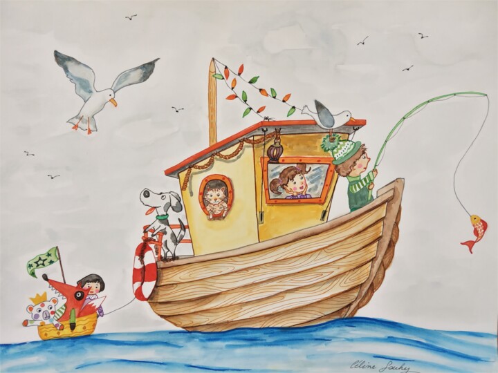 Картина под названием "Tous à la pêche !" - Céline Souhy, Подлинное произведение искусства, Акрил