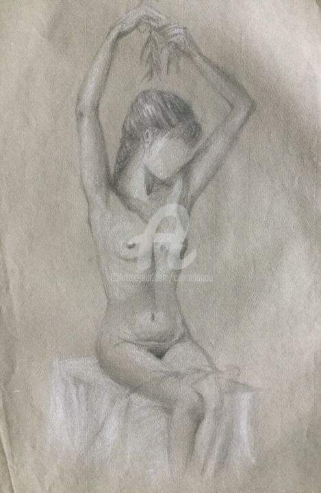 Drawing titled "Nue à la branche d’…" by Céline Lanau, Original Artwork, Pencil