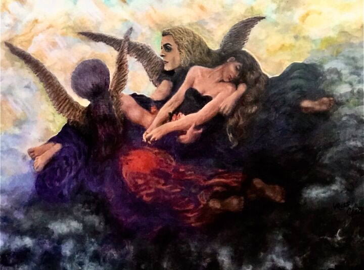 Peinture intitulée "Angels Escorting A…" par Cena Caterine, Œuvre d'art originale, Acrylique