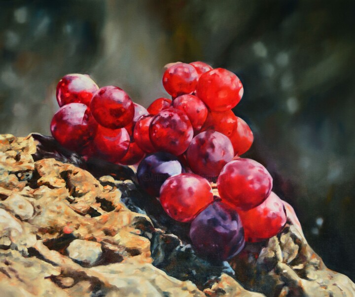 Painting titled "Mediterranean grapes" by Istvan Cene Gal, Original Artwork, Oil Mounted on Wood Stretcher frame