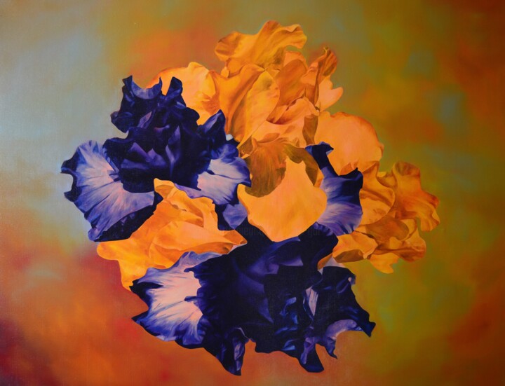 Painting titled "Floral contrasts" by Istvan Cene Gal, Original Artwork, Oil Mounted on Wood Stretcher frame