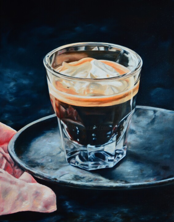 Painting titled "Morning coffe 4." by Istvan Cene Gal, Original Artwork, Oil Mounted on Wood Stretcher frame