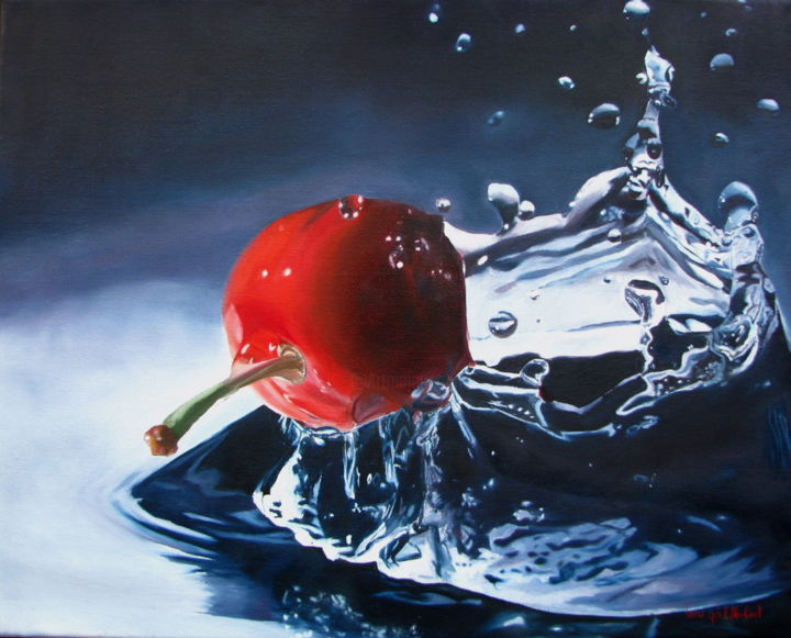 Painting titled "Cherry on water" by Norbert Cene Gál, Original Artwork, Oil