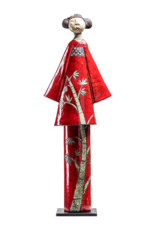 Sculpture titled "Geisha kimono rouge…" by Sandrine Sueres, Original Artwork, Ceramics